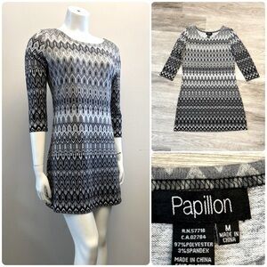 Papillon Blanc Black and Gray Mini Sheath Dress with 3/4 Sleeves. Stretch.